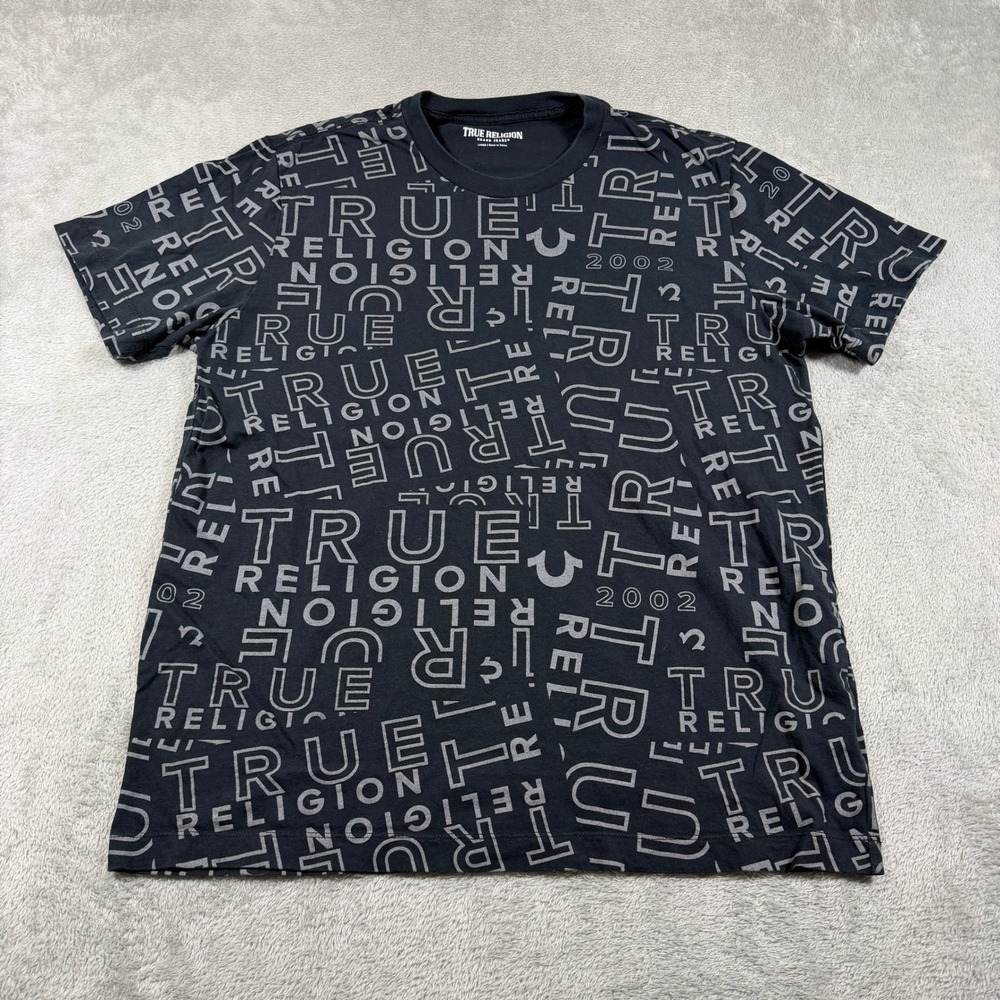 True Religion Crewneck T-Shirt Mens Large Black All Over Print Spellout